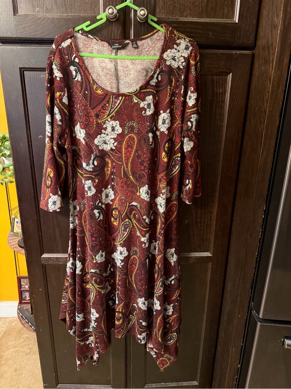 Mlle Gabrielle Burgundy Paisley Scoop-Neck Long Sleeve Dress